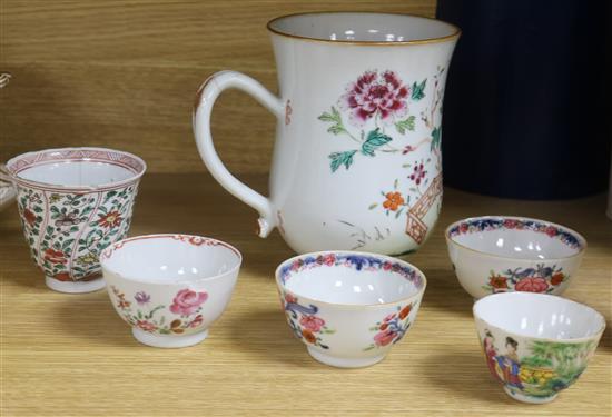 A Chinese export large mug, four tea bowls and cup, 18th/19th century, Tallest 15.5cm